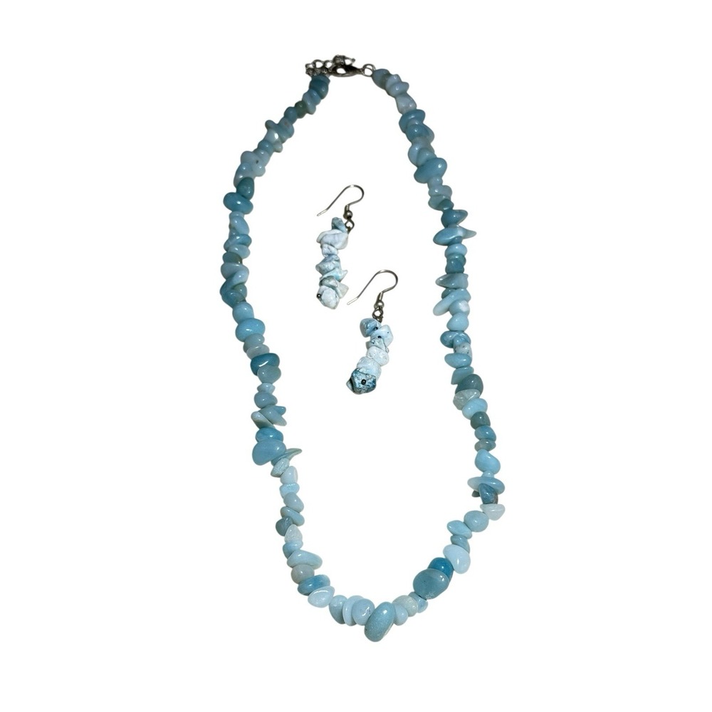 Vtg Blue Gemstone Chip Bead Necklace Earrings Set Natural Stone Jewelry